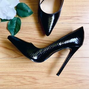 SHOE REPUBLIC LA Black Faux Snakeskin Stilettos